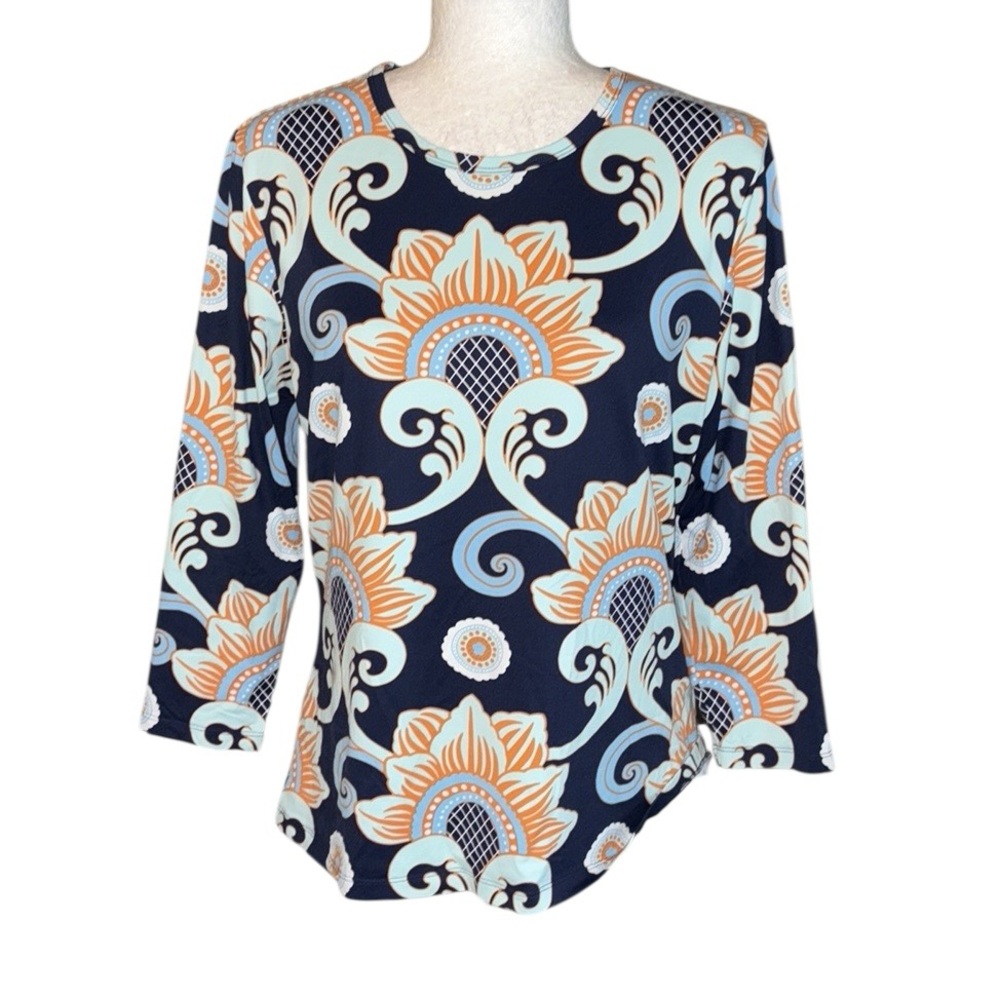 J. McLaughlin Navy Blue Orange Floral Print 3/4 Sleeve Catalina Cloth Top - L